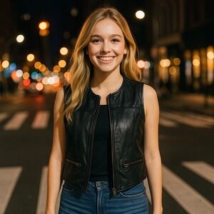 Jennifer Moore Black Leather Moto Vest Size 4 Zip Front Stretch Back Pockets